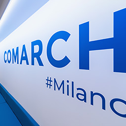 Large company logo on the wall with information about the branch